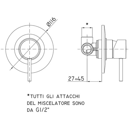 Paffoni LIG010CR70 Light Змішувач для душу прихованого монтажу, хром