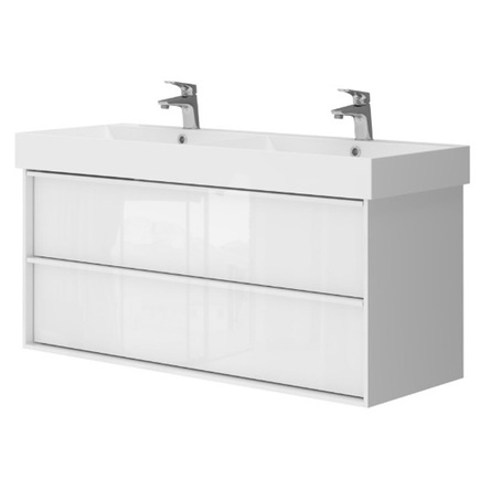 Devit 083120W QUADRA Тумба 120 біла глянцева з умивальником на дві чаші з сифонами